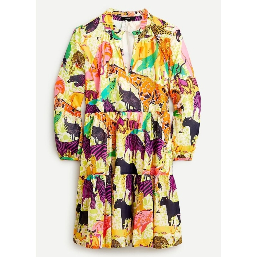 J Crew Tiered Popover Dress Ratti Safari Print Animals A Line Long Sleeve